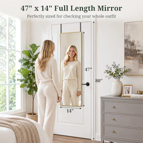 47"x14" Mirror Full Length, Wall Mounted/Over the Door, Gold | Full body mirror, Leaning or Hanging, Hooks & hardware included, Suitable for bedroom, living room, closet - color: Gold
