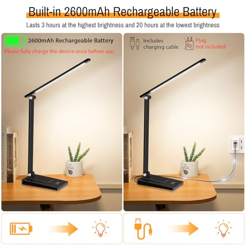 Rechargeable LED Desk Lamp, 800LM 2600mAh Reading Table Lamp | 5 Color Modes 5 Brightness Touch LED Desk Lamps, Bedside Lamp with USB Charging Port for Study Home Office Nail, Black - color: Black