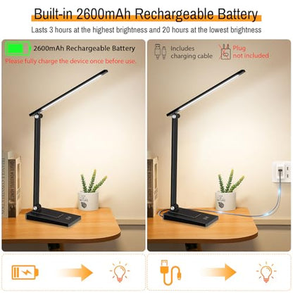 Rechargeable LED Desk Lamp, 800LM 2600mAh Reading Table Lamp | 5 Color Modes 5 Brightness Touch LED Desk Lamps, Bedside Lamp with USB Charging Port for Study Home Office Nail, Black - color: Black