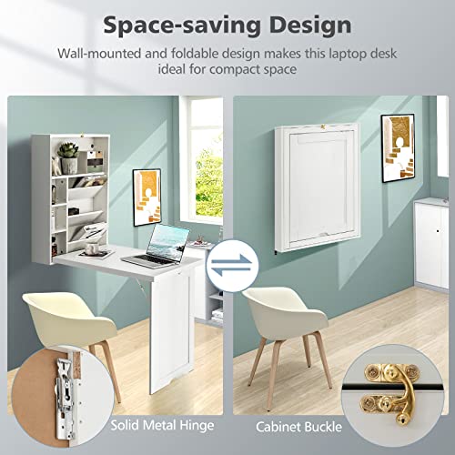 GOFLAME Wall Mounted Folding Desk, 3-Tier Tilt Storage Partition With Adjustable Shelves, Space-Saving Floating Laptop Desk, Convertible Writing Table for Home Office, White - color: White