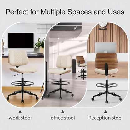 Drafting Chair with Adjustable Footrest, Rolling Walnut Stool, Beige | Armless Tall Swivel Stool for Standing Desk, PU Leather Curved Bentwood, Rolling for Office & Art Studio, 300LBS Capacity - color: Beige