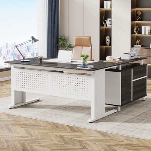 Tribesigns 63 Inch Executive Desk with File Cabinet, L Shaped Office Desk with Drawers and Storage Shelves, Business Furniture Set Workstation for Home Office, Gray and White - color: White and Gray