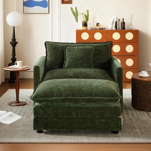 Comfy Chenille Modular Single Sofa with Ottoman, 1Seat+1Ottoman,Green | Randomly Assemble Modular Sofa Sets, Modern Recliner Deep Seat Sofa Set for Living Room,Office - color: Green, size: 1S+1O