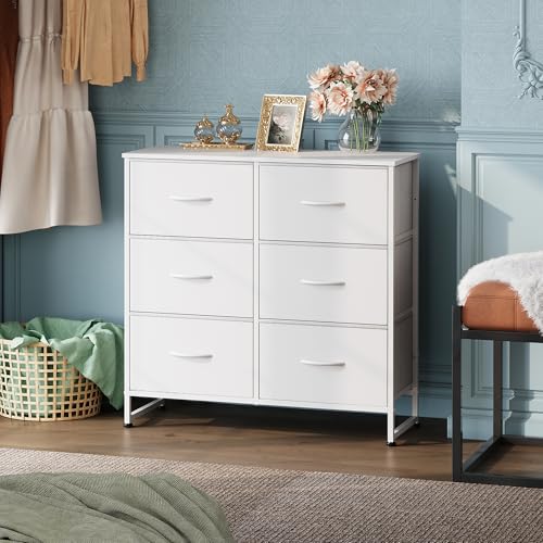 WLIVE Dresser for Bedroom with 6 Drawers, White | Closet Dresser, Metal Frame, Wooden Top, Fabric Dresser for Closet, Living Room, Hallway - color: White