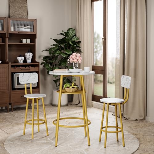 3-Piece Round Bar Table Set with Backrest & Partition, Counter Height Small Dining Table for 2, Includes 2 Foldable Stools, Sturdy MDF & Steel Frame for Kitchen/Dining Room (White+Gold) - color: White+gold