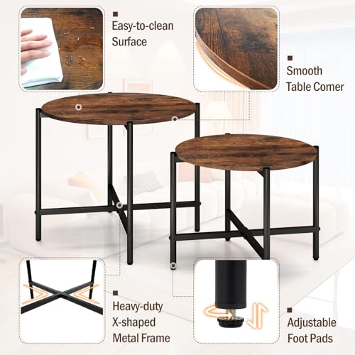 GOFLAME Nesting Coffee Table Set of 2, Round Coffee Tables with Wood Tabletop & Heavy-Duty Metal Frame, Modern Circle End Table & Side Tables, Nesting Tables for Living Room, Bedroom (Rustic Brown) - color: Rustic Brown