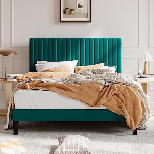 SHA CERLIN Full Upholstered Platform Bed Frame with Vertical Channel Tufted Velvet Fabric Adjustable Headboard, Wooden Slats Support, Mattress Foundation, Box Spring Optional, Teal - color: Teal, size: Full