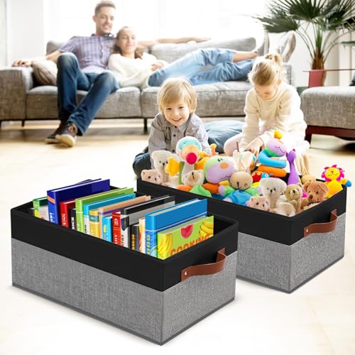 3 Pack Large Capacity Storage Bins Closet Organizer for Shelves | Fabric Closet Storage Baskets Boxes with Leather Handles for Organizing Clothes, Sheets, Jeans, Toys, Books (Black and Grey) - style: 3 Pack Black & Grey