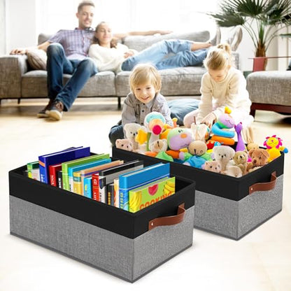 3 Pack Large Capacity Storage Bins Closet Organizer for Shelves | Fabric Closet Storage Baskets Boxes with Leather Handles for Organizing Clothes, Sheets, Jeans, Toys, Books (Black and Grey) - style: 3 Pack Black & Grey