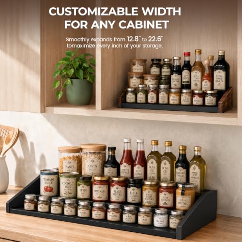 3-Tier Expandable Spice Rack Organizer, 12.8-22.6 in, Black | Adjustable, Countertop Stepped wood & iron Seasoning Organizer, Shelf for kitchen Cabinet Pantry Jars Bottles Syrup - color: Black