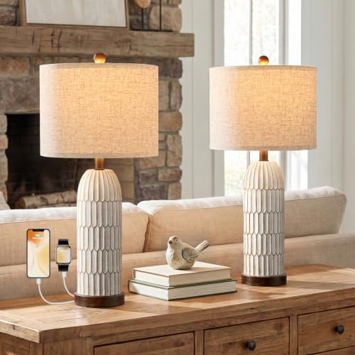 26" Bedside Table Lamps Set of 2, Farmhouse Lamp with USB,Dark Brown | Vintage Nightstand Lamp for Bedroom, Retro Design, Home decor for living Room, Nursery, Home Office, End Side table, Hallway - color: 26"-Grayish and Dark Brown