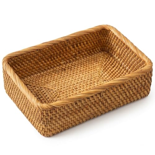 Yangqihome Natural Rattan Storage Baskets, Rectangular Woven Fruit Baskets, Decorative Wicker Basket Large Baskets for Organizing (L) - size: L