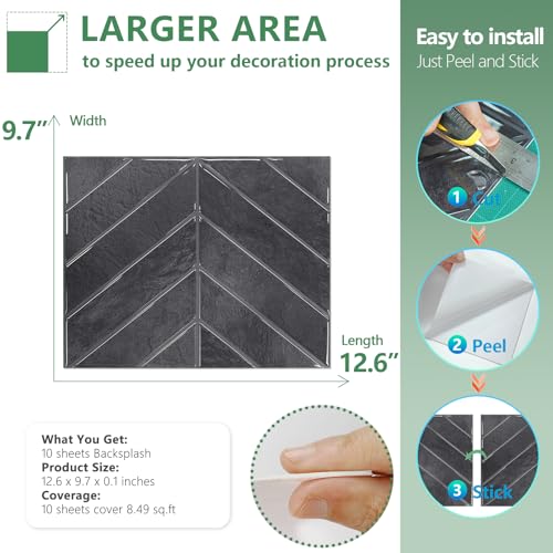 STICKGOO Herringbone Peel and Stick Backsplash, Black/Grey Grout, 10 Sheets | 12.6 x 9.7 in, Thicker Rectangular Vinyl Stick-On Wall Tiles, Easy Alignment, Waterproof, Easy to Clean, Kitchen/Bathroom - color: Shiny Black With Dark Grey Grout, size: Pack o