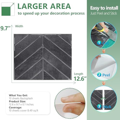 STICKGOO Herringbone Peel and Stick Backsplash, Black/Grey Grout, 10 Sheets | 12.6 x 9.7 in, Thicker Rectangular Vinyl Stick-On Wall Tiles, Easy Alignment, Waterproof, Easy to Clean, Kitchen/Bathroom - color: Shiny Black With Dark Grey Grout, size: Pack o