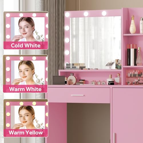 Palimder Vanity Desk with Mirror & Light, Large Drawer Three Level Storage Dresser, 3 Lighting Modes Adjustable Brightness, Bedroom Dressing Table - color: Pink