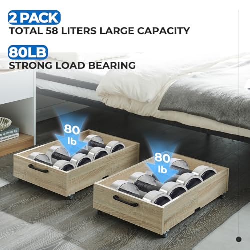 2-Pack Under Bed Storage Drawers Organizer with Wheels, Oak | 58L total capacity, 80 lb per Drawer, Fits 6 in Bed Clearance, Rolling Drawers for Shoes, Clothes, Linens, Toys - color: Oak