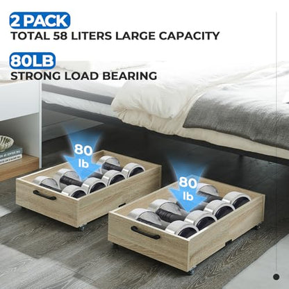 2-Pack Under Bed Storage Drawers Organizer with Wheels, Oak | 58L total capacity, 80 lb per Drawer, Fits 6 in Bed Clearance, Rolling Drawers for Shoes, Clothes, Linens, Toys - color: Oak