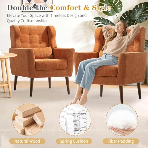 Accent Chair Set of 2, Upholstered Armchair with Pillow, Fabric Single Sofa Chair with Lounge Seat and Wood Legs Accent Chair for Living Room Small Spaces (Orange, Set of 2) - color: Orange, size: Set of 2