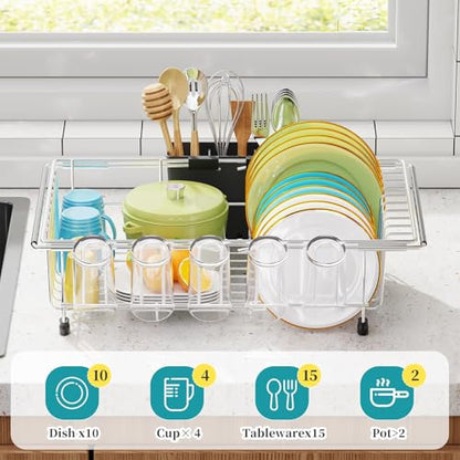 Simple Trending Dish Drying Rack in Sink with Utensil & Cup Holder | Expandable Dish Rack Over The Sink, Stainless Steel Dish Drainer for Small Kitchen, Space Saving, Non-Slip Feet, Fast Drain - size: Stainless Steel