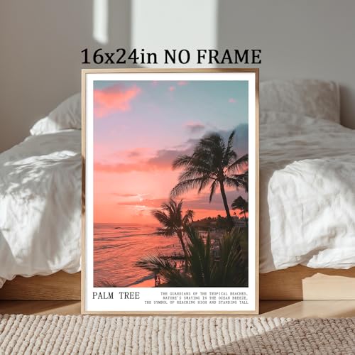 Pink Palm Tree Wall Art Trendy Summer Prints Landscape Coastal Painting Pink Sky Poster Sunrise Sunset Picture Beach Scenery Poster Coconut Tree Painting Tropical Plant Artwork Room 16x24in Frameless - color: C6Unframed
