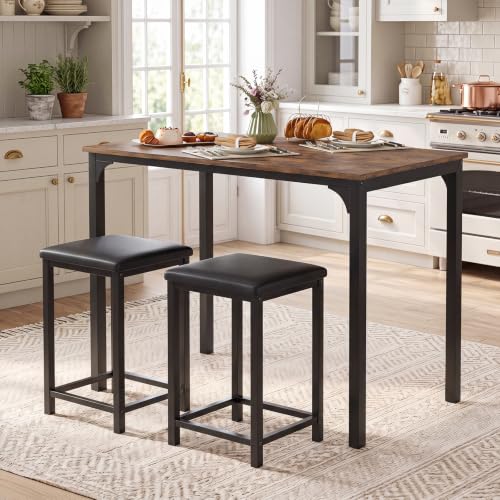 COSTWAY Dining Table Set, Counter Height Table, 2 Upholstered Stools | Rustic Brown & Black, PU Leather Seats, Metal Frame, Industrial, Space-Saving for Small Space, Dorm & Kitchen Island - color: Rustic Brown & Black