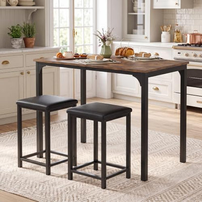 COSTWAY Dining Table Set, Counter Height Table, 2 Upholstered Stools | Rustic Brown & Black, PU Leather Seats, Metal Frame, Industrial, Space-Saving for Small Space, Dorm & Kitchen Island - color: Rustic Brown & Black