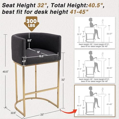 HNY Modern Barrel Counter Height Clearance Bar Stools Set of 2, 32 Inch Linen Kitchen Barstools with Back for Island, with Gold Metal Tubular Frame, Charcoal - color: 32inch Charcoal,gold Base