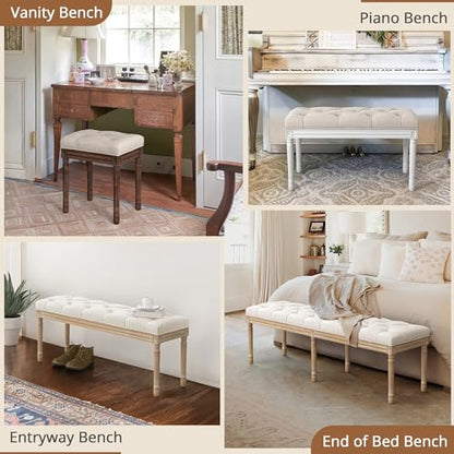 LUE BONA Upholstered Fabric Vanity Bench Seat, Makeup Stools for Vanity, Square Tufted Ottoman Bench with Carved Dark Brown Legs for Bedroom Living Room, Linen Color - color: Linen and Dark Brown