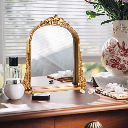 SIKOO 8x10 Inch Arched Vintage Mirror with Shelf, Decorative Wall Art for Home, Resin and Premium Glass, Bronze Gold - color: Bronze Gold