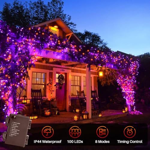 Orange and Purple Battery Operated Halloween Lights, 34.1FT 100 LED Waterproof String Christmas Tree Lights with 8 Modes, Xmas Decorations for Indoor Outdoor Yard Wedding Home Decor - color: Orange and Purple, size: 100 LED