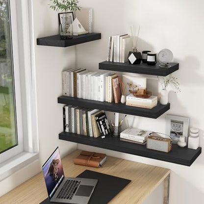 Fun Memories 9 Inch Deep Black Floating Shelves, Farmhouse Rustic Natural Wood Floating Shelf Wall Mounted, 16 x 9 Wall Shelves Set of 2, Deep Black Bathroom Shelves - color: Black, size: 16"W x 9.3"D