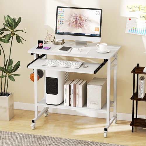 Tangkula Rolling Computer Desk Cart with Keyboard Tray, Mobile Portable Laptop PC Desk with CPU Stand & 3 Hooks for Sofa & Bed, Compact Small Desk on Wheels for Small Spaces (White) - color: White