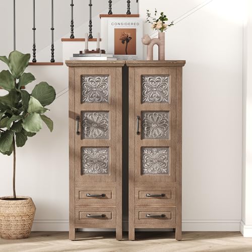 HOMPUS 48'' Tall Accent Cabinet with Door, 16'' Wide Narrow Storage Cabinet with Drawer & Shelves for Small Space, Modern Buffet Sideboard for Living Room, Kitchen, Entryway, Natural Wood - size: 16'' (2 Drawers & 1 Door)