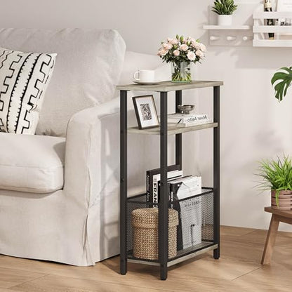 MMEOLUOOK Narrow Side Table with Storage Basket Skinny End Tables for Smalls Spaces 3 Tier Sofa Table Small Nightstand Slim Bedside Table for Living Room Bedroom Oak MLBZ22Q - color: Oak