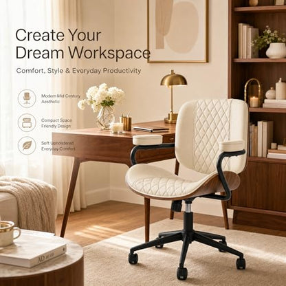 Home Office Desk Chair with Wheels, Armless Adjustable Height PU Leather Office Chair, Mid Back Ergonomic Computer Chair, Walnut Curved Seat Design No-Arm Chair (GX-9006-Armrests-White) - color: Gx-9006-armrests-white