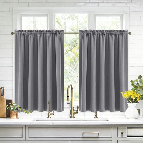 DWCN Short Blackout Curtains 60 x 36 Inch Long for Kitchen RV Bunk Grey | 2 Panels Set, Kitchen Window Curtains Over Sink, Thermal Insulated, Light Blocking, Rod Pocket Drapes for Small Window - color: Grey, size: 60"W x 36"L (Pack of 2)