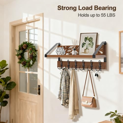 WGFKVAS 2 in 1 Coat Rack Wall Mount with Shelf | 6-Double Hook Wall Hooks with Shelf, Rustic Brown 15" Wood Organizer for Entryway, Living Room, Bedroom, Hallway