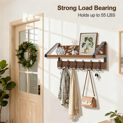WGFKVAS 2 in 1 Coat Rack Wall Mount with Shelf | 6-Double Hook Wall Hooks with Shelf, Rustic Brown 15" Wood Organizer for Entryway, Living Room, Bedroom, Hallway