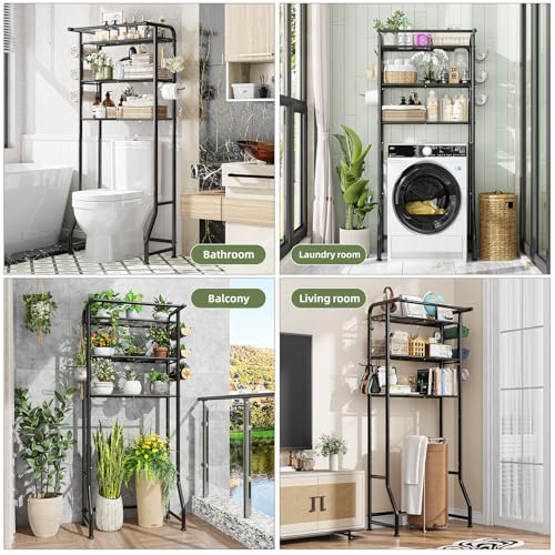 Simple Trending Over The Toilet Storage Cabinet, Metal Bathroom Shelf Organizer with Paper Holder and Hooks, 3 Tier, Black - color: Black With Towel Rack