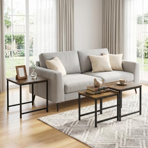 Giantex Nesting Coffee Table Set of 3, Small Center Tables for Living Room | Modern Coffee Table with Metal Frame, Space-Saving Stacking End Table for Small Space - color: Rustic Brown