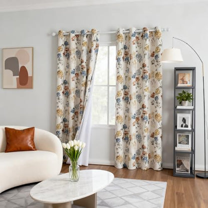 MYSKY HOME Floral Linen 100% Blackout Curtains 84 Inch Length 2 Panels for Living/Dining Room Bedroom Double Layer Thermal Insulated Farmhouse Flower Patterned Grommet Top Drapes, Yellow, 52" W Each - size: 52"W x 84"L (Pack of 2)