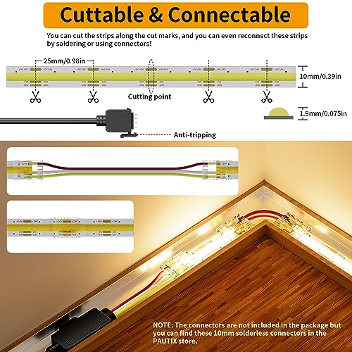 PAUTIX COB LED 스트립 라이트 화이트 CCT 조정 가능한 6400LED, CRI90+ 32.8피트/10m 조도 조절 가능 2700K-6500K 24V LED 테이프 조명, 캐비닛 아래 침실 주방 TV 거울 DIY 조명(어댑터 및 조광기 미포함) - size: 32.8ft(Strip ONLY)
