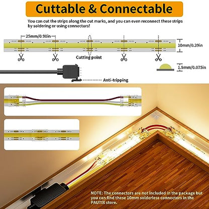 PAUTIX COB LED 스트립 라이트 화이트 CCT 조정 가능한 6400LED, CRI90+ 32.8피트/10m 조도 조절 가능 2700K-6500K 24V LED 테이프 조명, 캐비닛 아래 침실 주방 TV 거울 DIY 조명(어댑터 및 조광기 미포함) - size: 32.8ft(Strip ONLY)