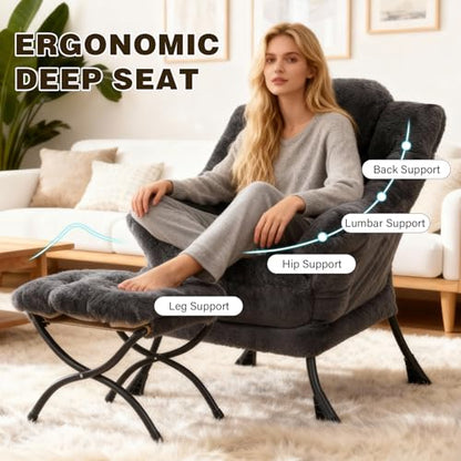 Modern Lazy Chair with Ottoman Lounge Accent Reading Chair for Living Room | Foldable Footstool,Removable Cover,Soft Padded Seat & Backrest,Upholstered Comfy Chair for Bedroom,Dorm,Office,Small Space - color: Plush Dark Grey