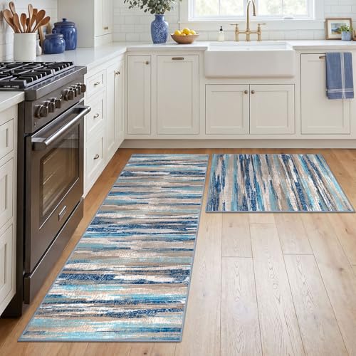 Lansny Modern Abstract Washable Kitchen Rug Non Slip Set of 2, 2x3 and 2x5 | Blue;Thin Printed Faux Wool Rug and Runner Set;Throw Rugs for Bedside, Hallway, Entryway, Laundry Room;Floor Carpet Runner - color: Blue Aqua/Beige Taupe Multi, size: 2' x 5' (Se