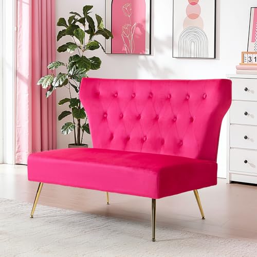 ZJhome Small Velvet Sofa, Soft Upholstered 40’’ Armless Loveseat Couch with High Density Foam, Modern Tufted Cushion with Gold Legs for Bedroom, Dorm, Apartment, Girls, Teens, Easy Assembly,Fuchsia - color: Fuchsia, size: 40‘’ button