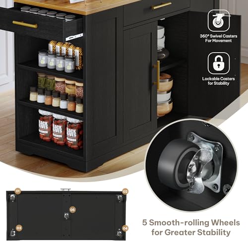 DWVO Large Kitchen Island with Trash Can Cabinet | 53 Inch Kitchen Island on Wheels, Rolling Island with Tilt‑Out Garbage Storage Fits 13 Gallon Bin, Spice Rack - color: Black