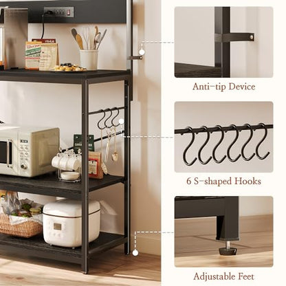 SUPERJARE Bakers Rack with Power Outlets, Microwave Stand, 31.5 X 16.5 Inch Larger Desktop, Kitchen Storage Rack with Adjustable Middle Shelf, 6 S-Shaped Hooks, Coffee Bar Stand, Black - color: Black, size: 31.5 inch