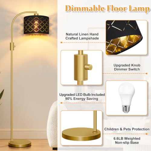 Nintiue Dimmable Floor Lamp, 1200 Lumens LED Edison Bulb Included, Arc Gold Floor Lamps for Living Room Modern Standing Lamp with Black Grid Shade - color: Gold - Black & Gold Shade