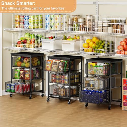 Pantry Organizer and Storage Cart, 3-Tier Kitchen Storage Cart with Drawer, Fruit Vegetable Storage Cart with Wheels, Wooden Top Metal Wire Kitchen Organizer Rack Stand for Food Snack Onion Potato - size: 3-Tier Black